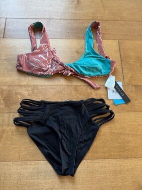 Women’s Two-Piece Swim Set - Teal & Dusty Rose Top with Black Bottom